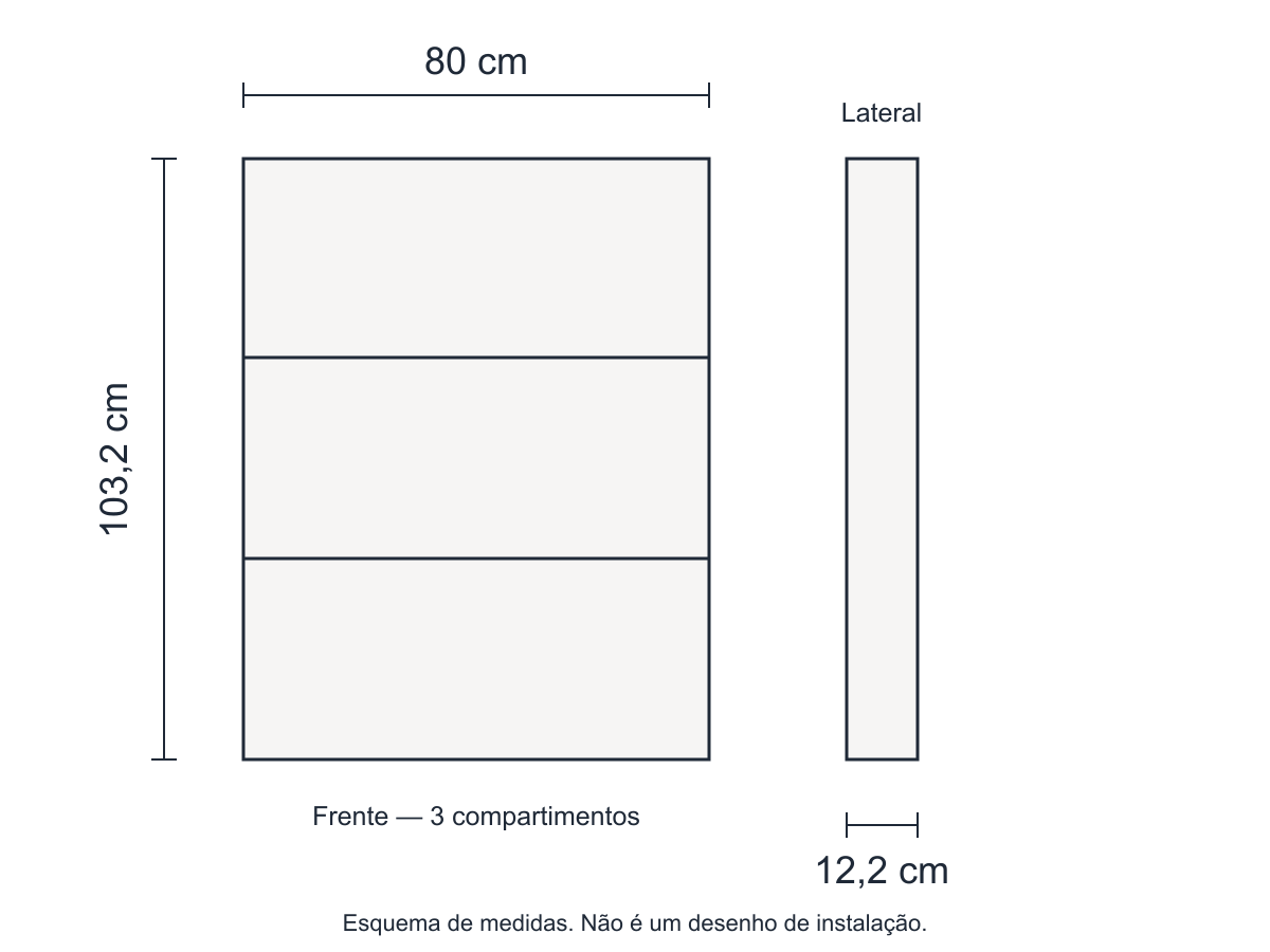 Diagrama técnico AURA: largura 80 cm, altura 103,2 cm e profundidade 12,2 cm